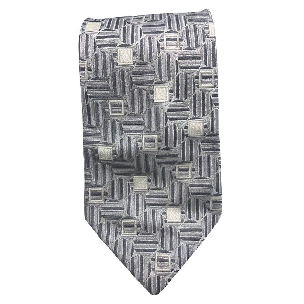 Faconnable Men's Silk Tie Grey Silver Geometric Squares Made in Italy 58" 3 7/8"
